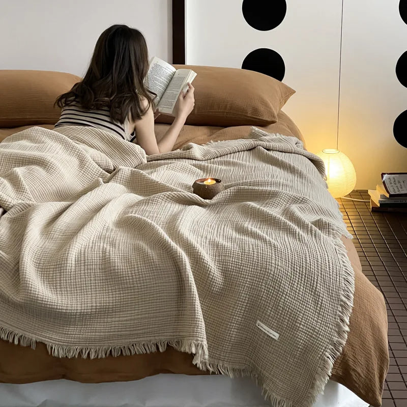 Crinkle Cotton Tassel Throw Blanket