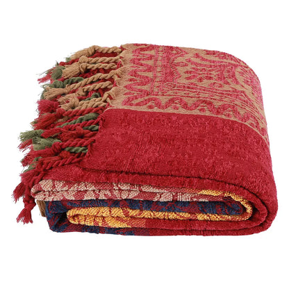 Bahar Red Chenille Blanket Tassel Sofa Cover