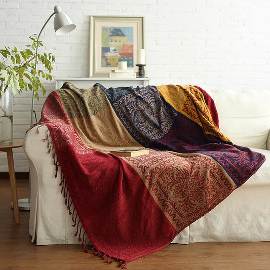 Bahar Red Chenille Blanket Tassel Sofa Cover